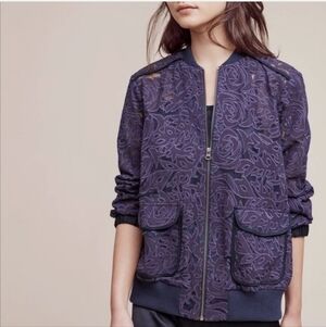 NWT Anthropologie Elevenses Navy Lasercut Patterned Bomber Jacket